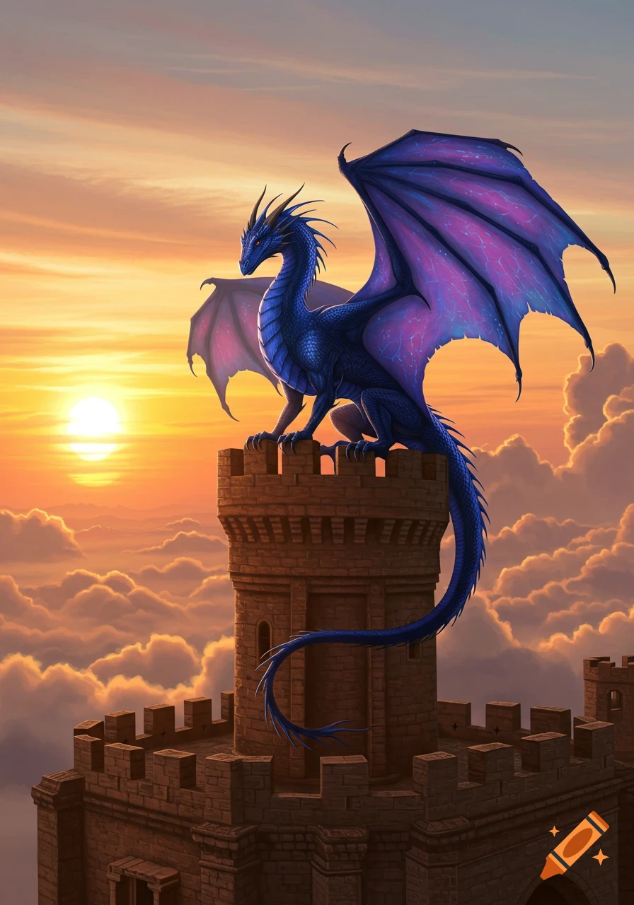 A majestic blue and purple dragon perches atop a medieval castle tower, silhouetted against a vibrant orange sunset with clouds below.