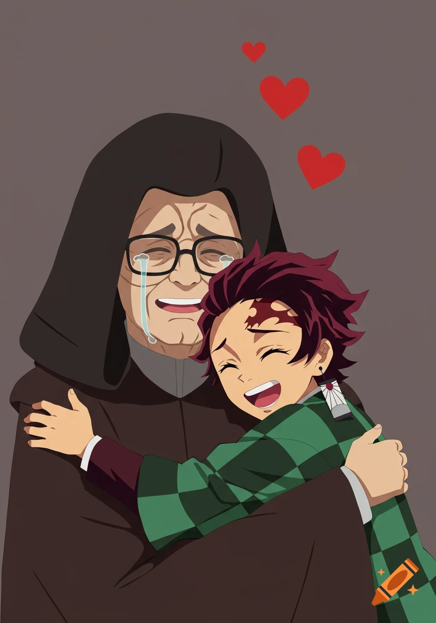 Anime style depiction of Emperor Palpatine in a hooded robe and glasses, crying as he hugs a smiling Tanjiro Kamado.