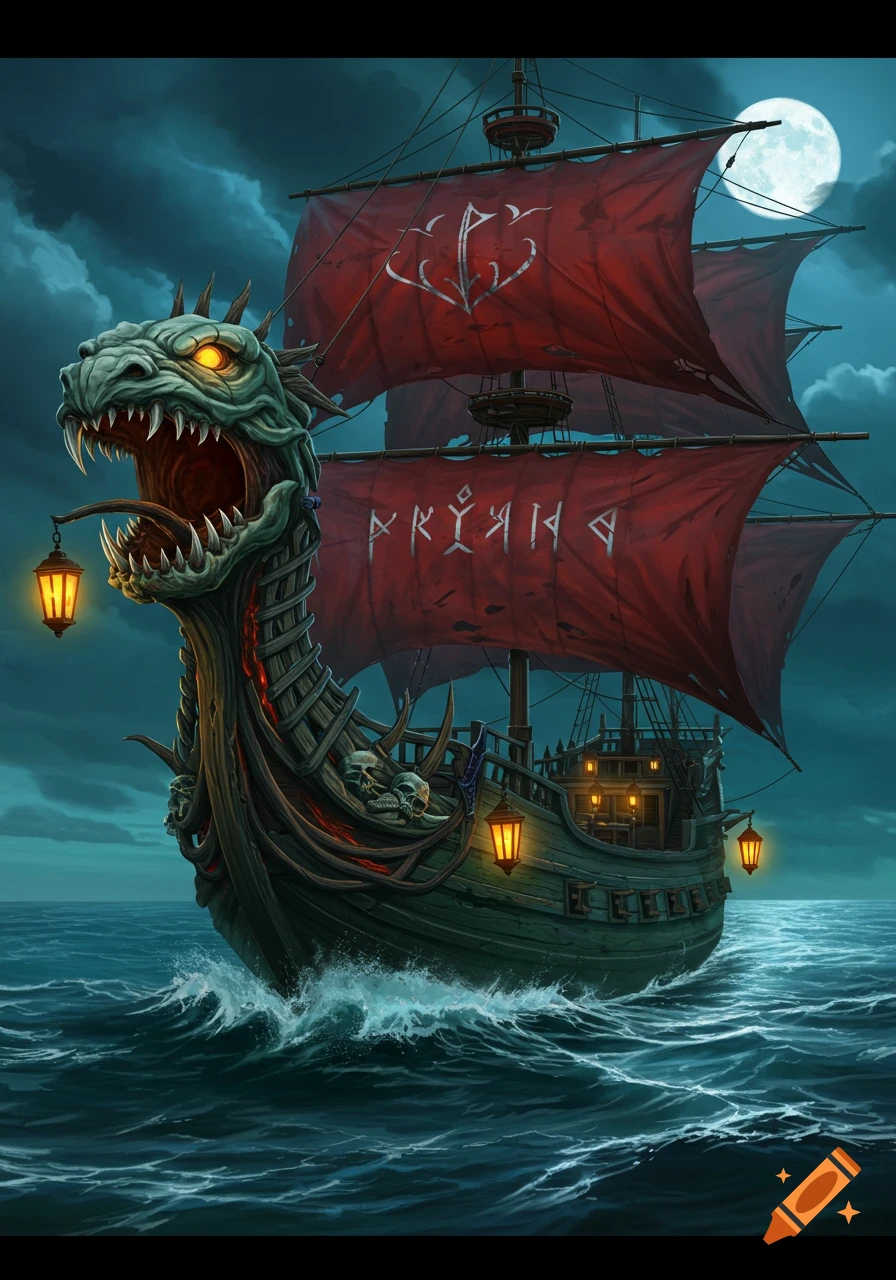 A menacing fantasy ship with a monstrous figurehead and red sails featuring silver runes, sailing under a full moon.