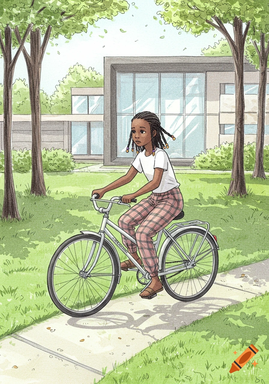 A sketch illustration of a sad Black girl with braided hair riding a bicycle with plaid pants and a white t-shirt on a path with green grass and trees in front of a modern home.