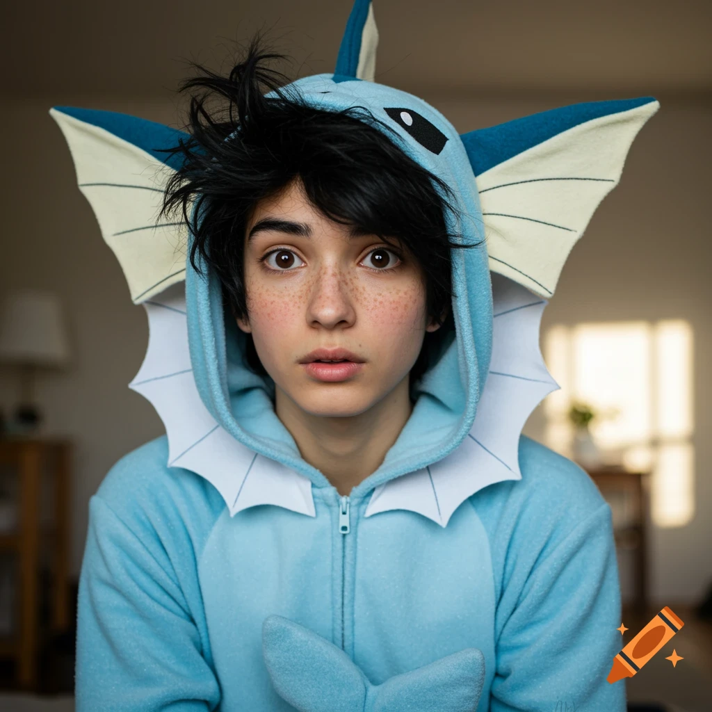 A photorealistic portrait of a person in a blue Vaporeon onesie with black messy hair, brown eyes, and freckles, looking directly at the viewer with wide eyes.