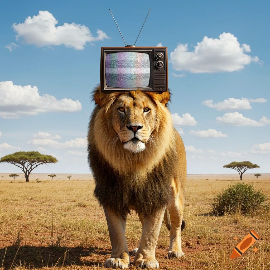 A photorealistic lion stands in a savanna with an old television displaying static balanced on its head.