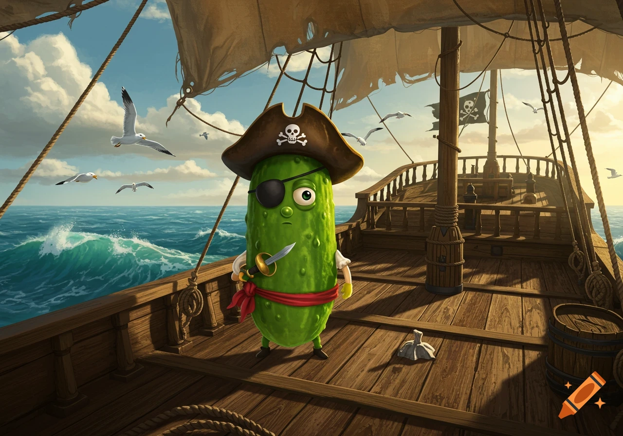 A cartoon pickle dressed as a pirate with an eye patch and a sword stands on the deck of a pirate ship sailing on the ocean under a blue sky.