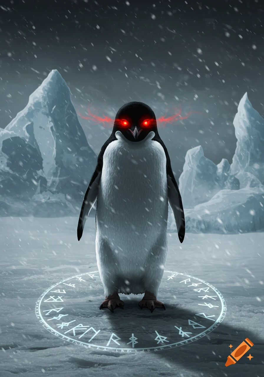A dark fantasy image of a penguin with glowing red eyes, standing on an icy plain amidst falling snow, surrounded by a glowing magical rune circle. Icy mountains are in the background.