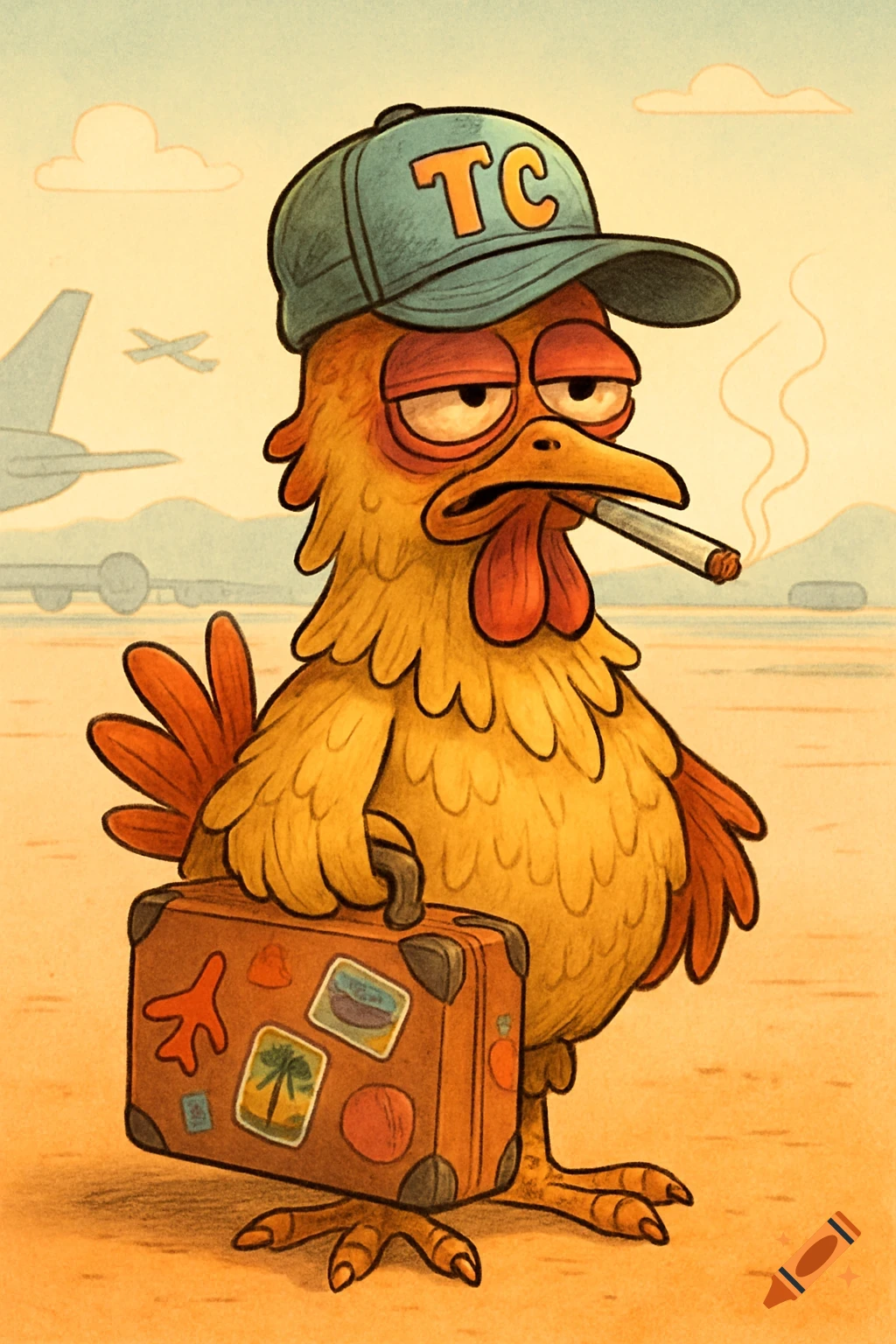 A tired-looking cartoon chicken with bloodshot eyes wears a blue cap with 'TC', smokes a cigarette, and holds a suitcase at an airport.