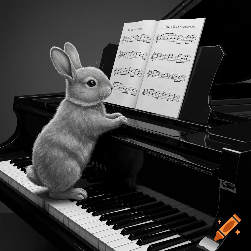 A cute gray bunny stands at a grand piano, looking at sheet music.