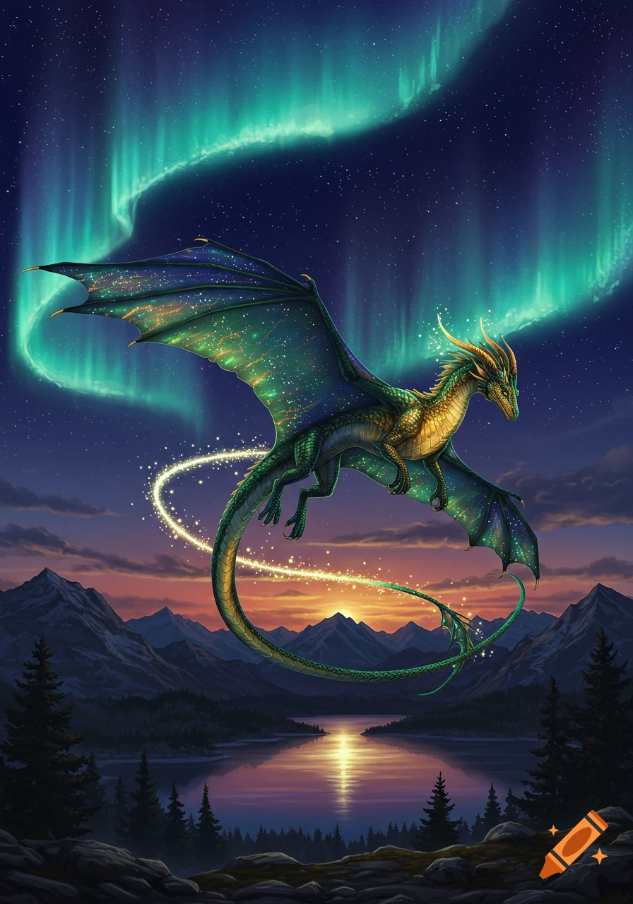 A green and gold dragon with large wings flies over a lake and mountains under a vibrant aurora borealis and starry sky.