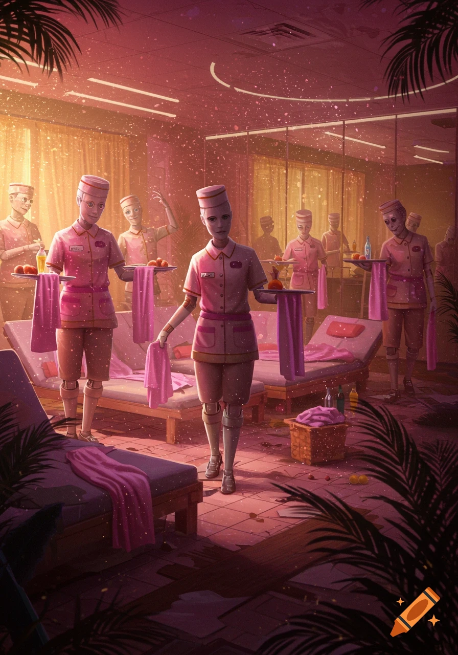 An eerie, pink-hued illustration of a decaying luxury resort cabana with several half-human, half-animatronic staff serving guests that aren't there. Palm fronds frame the foreground.