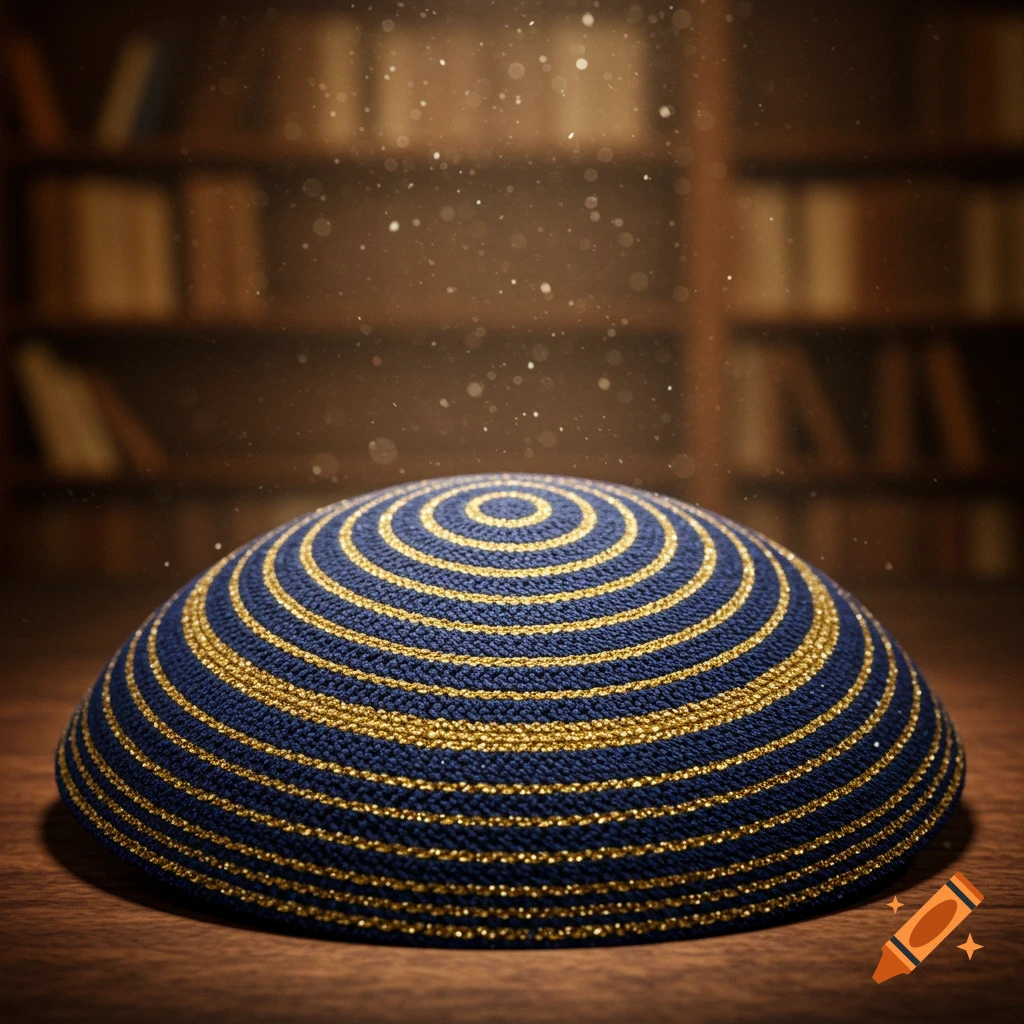 A blue kippa with gold concentric circles sits on a wooden table in front of blurred bookshelves, with dust motes illuminated in the air.