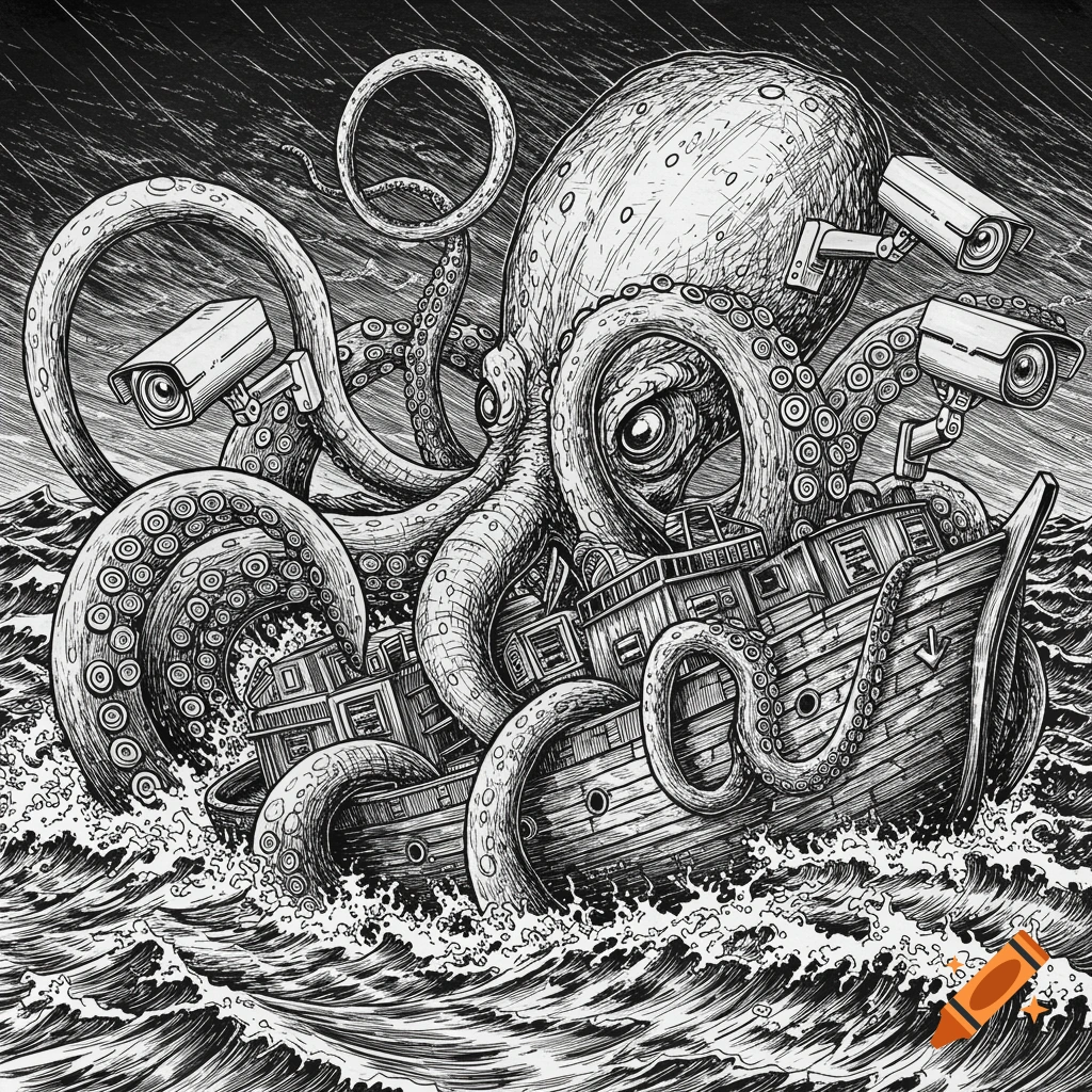 A black and white etching of a kraken with CCTV cameras for eyes, sinking a boat with network port portholes in stormy seas.