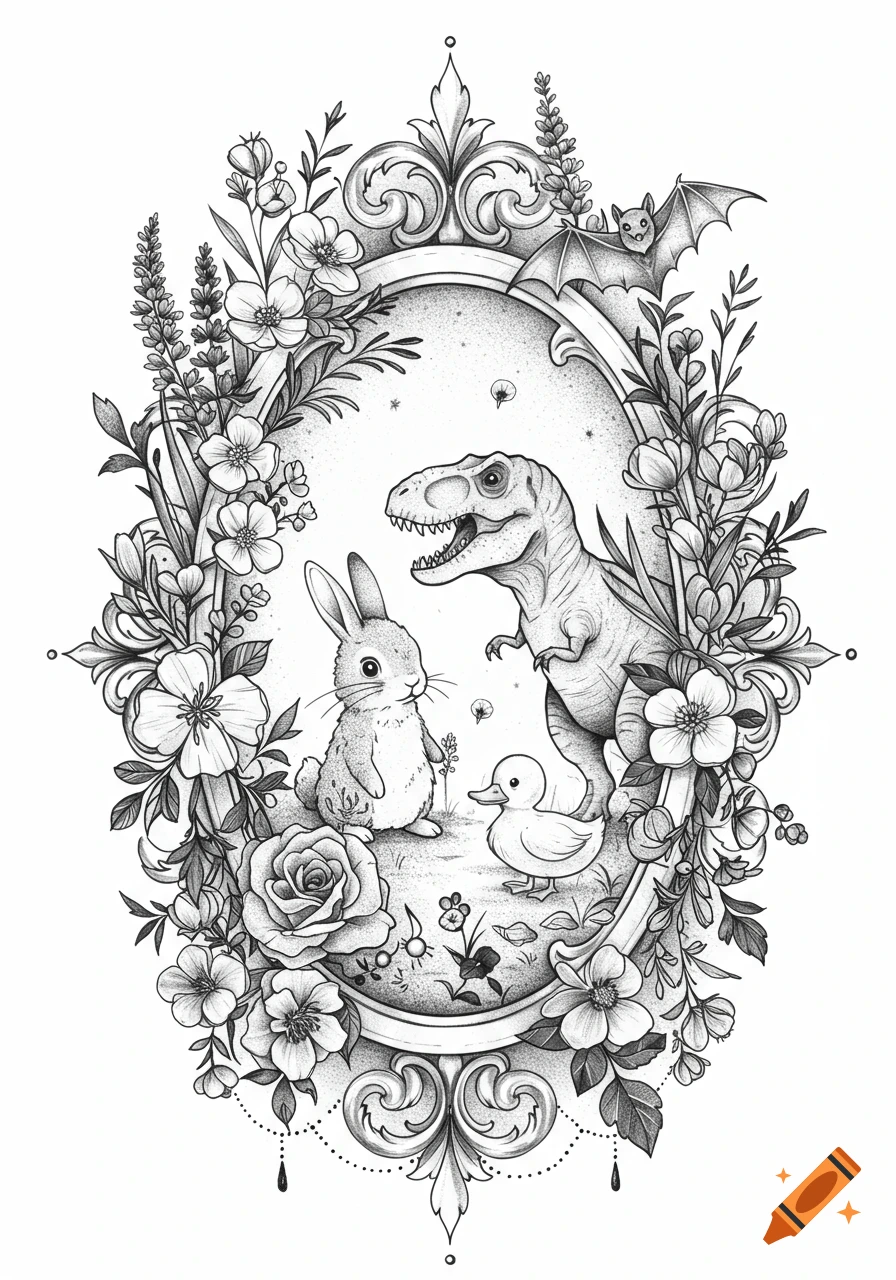 Black and grey illustration of a bunny, T-Rex, duckling, and bat inside an ornate floral oval frame, suitable for a tattoo.