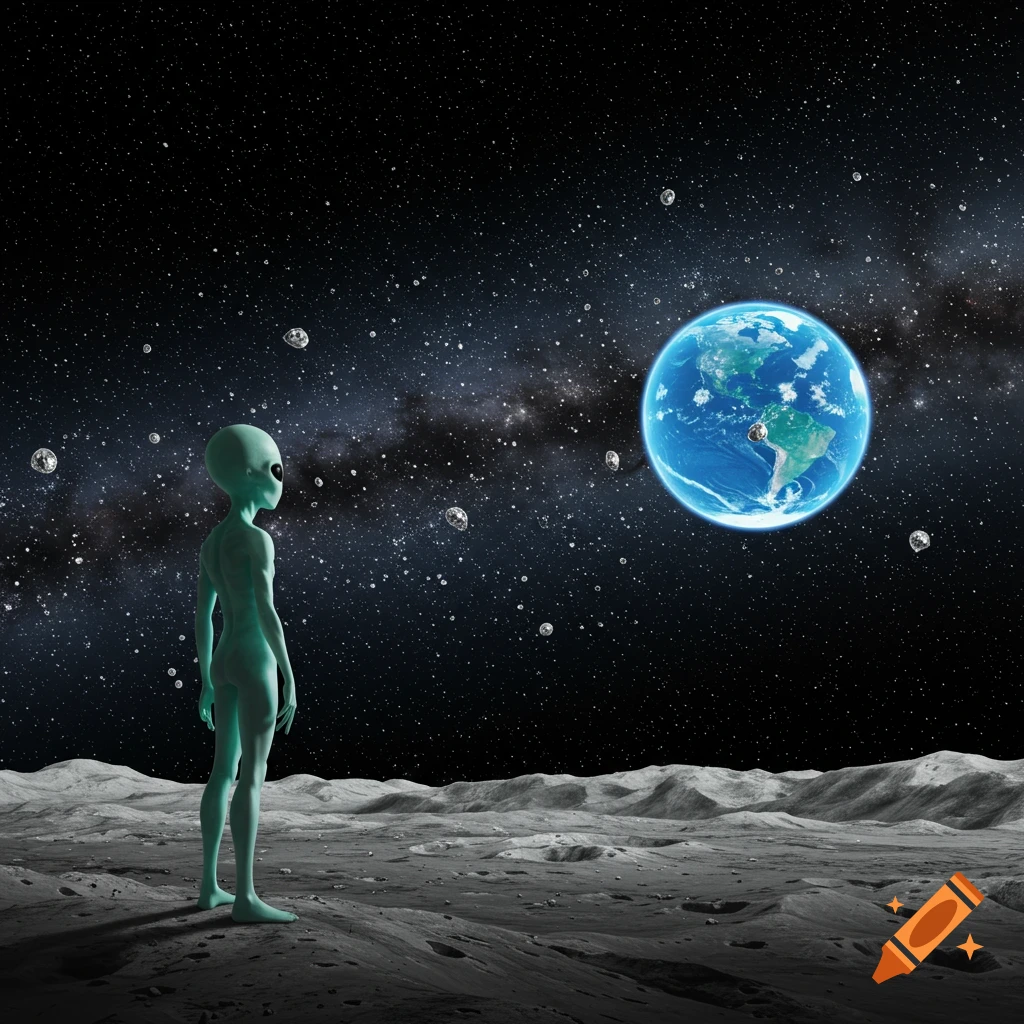 A teal alien stands on a cratered moon surface, looking towards a blue Earth in the starry expanse of space.