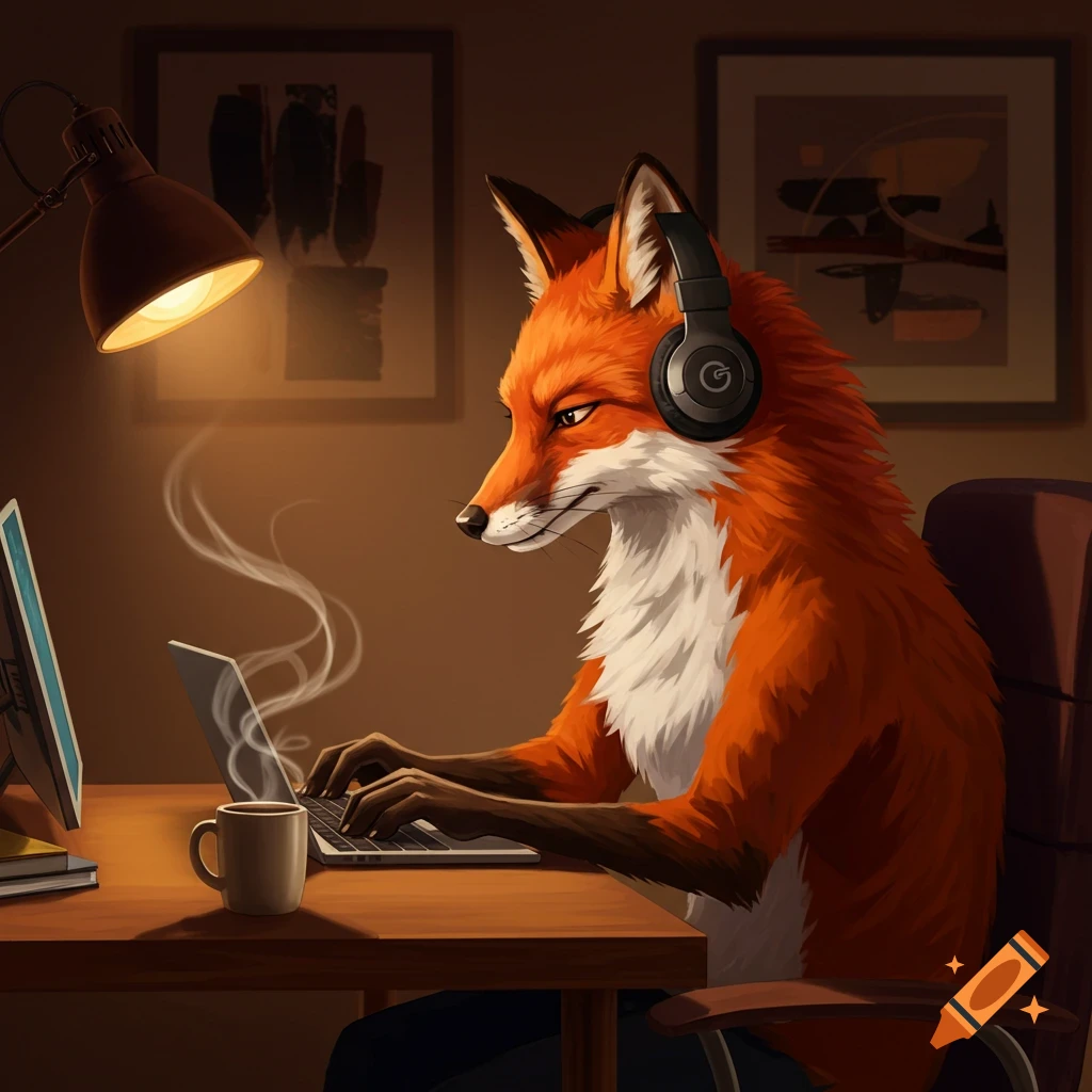 An anthropomorphic fox wearing headphones works at a laptop, with a steaming mug of coffee on the desk under a lamp.