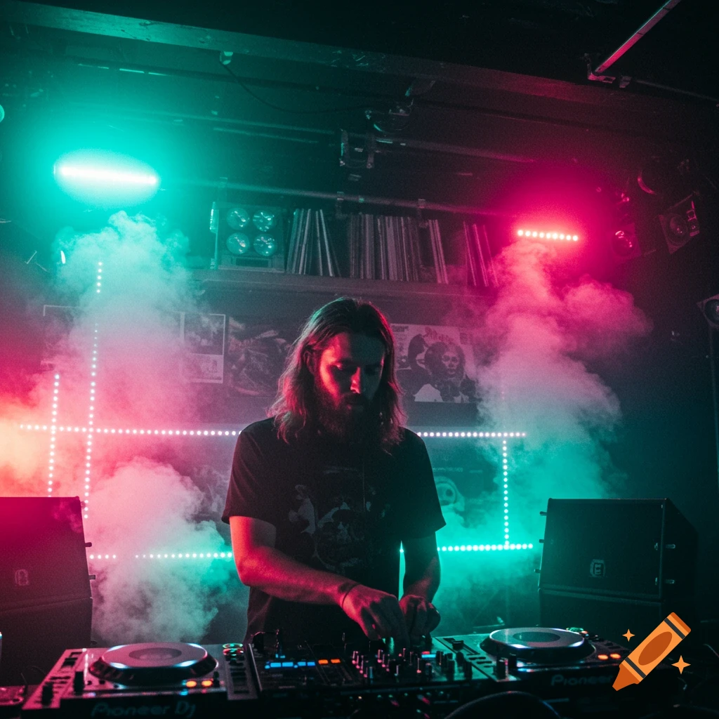 A long-haired, bearded DJ in a smoky club illuminated by vibrant red and teal lights, mixing music on turntables.