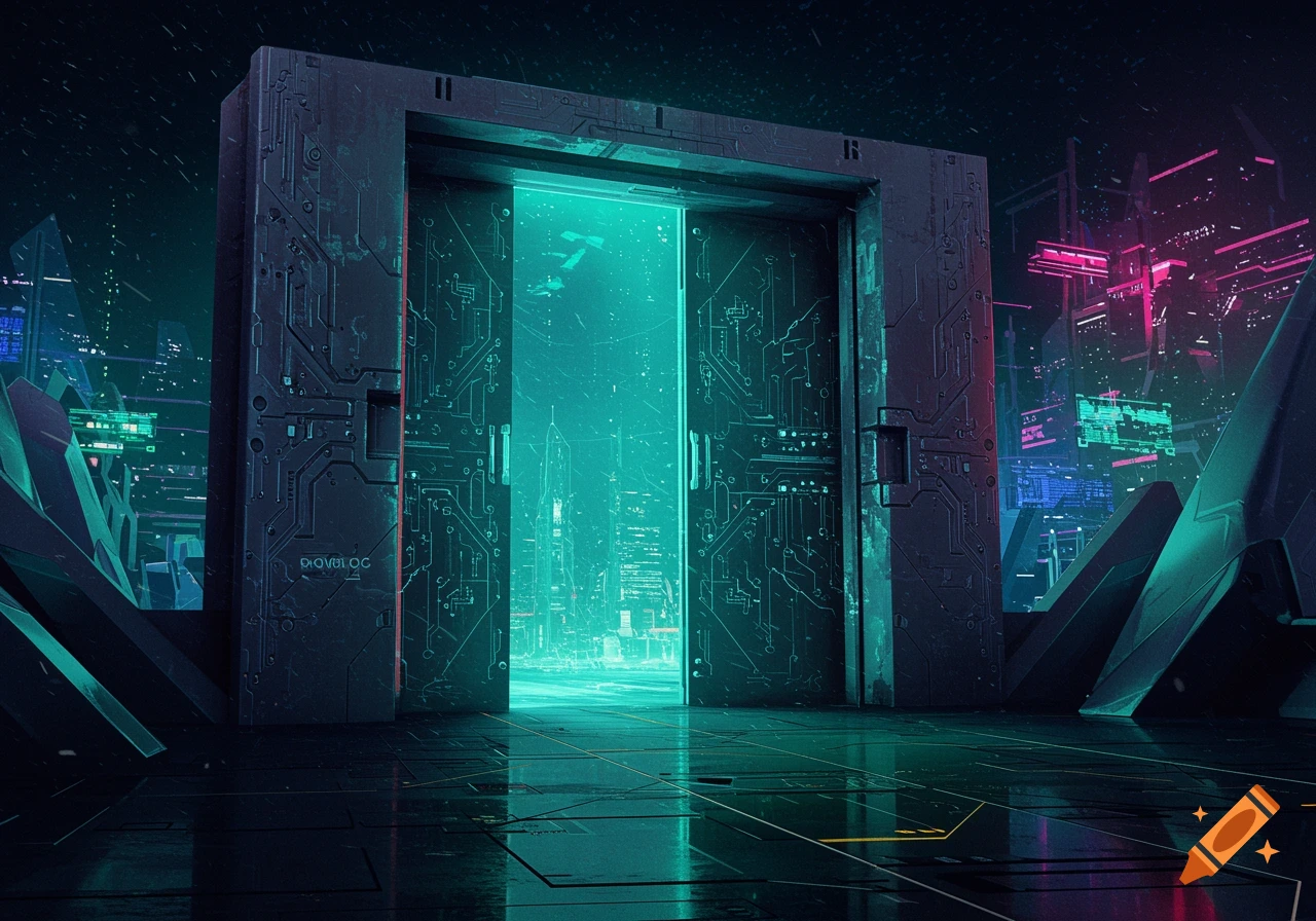 Dark, futuristic doors with circuit patterns open, revealing a glowing teal cyberpunk city.