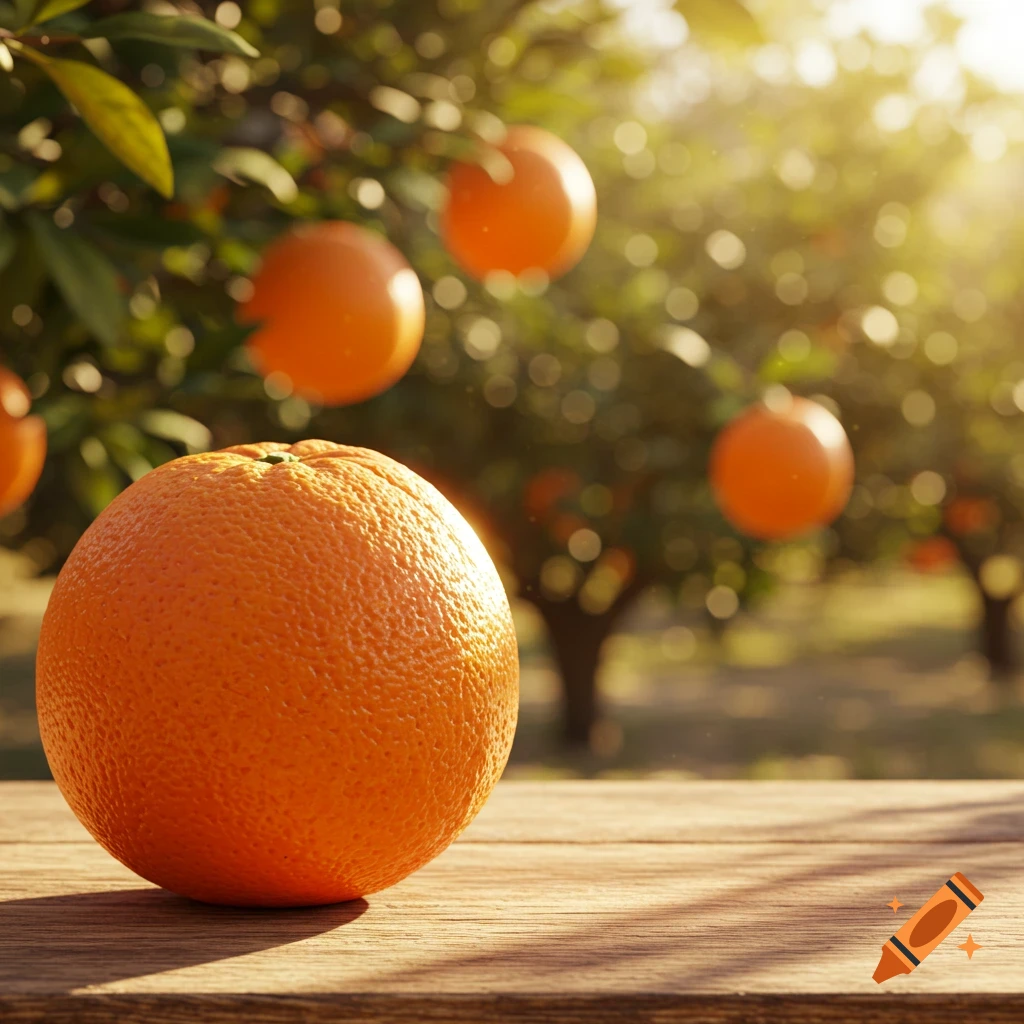 A close-up of a vibrant orange resting on a wooden table, with a sunlit orange grove in the blurred background.