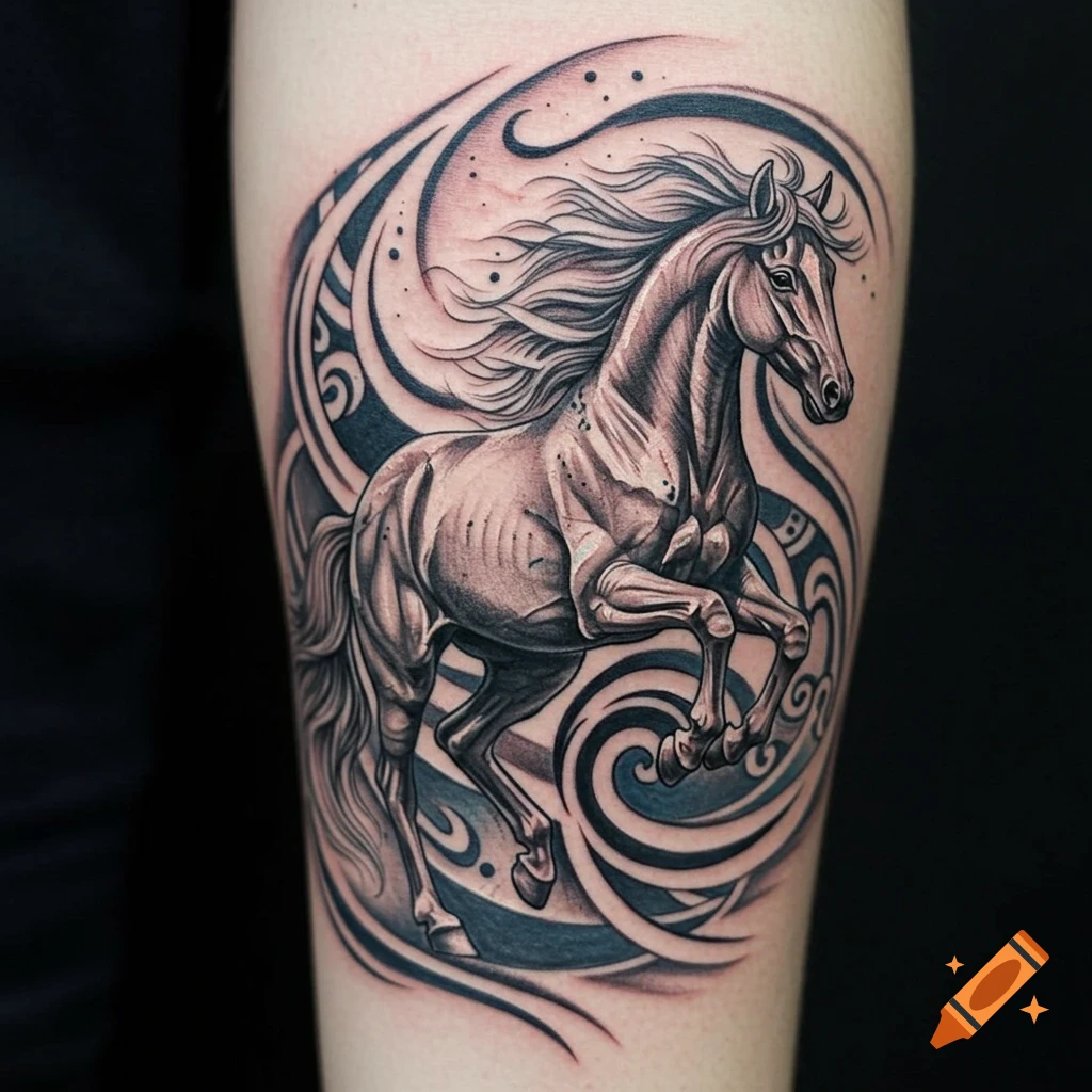 A grayscale tattoo of a galloping horse with flowing mane and tail, surrounded by swirling tribal patterns on a limb.