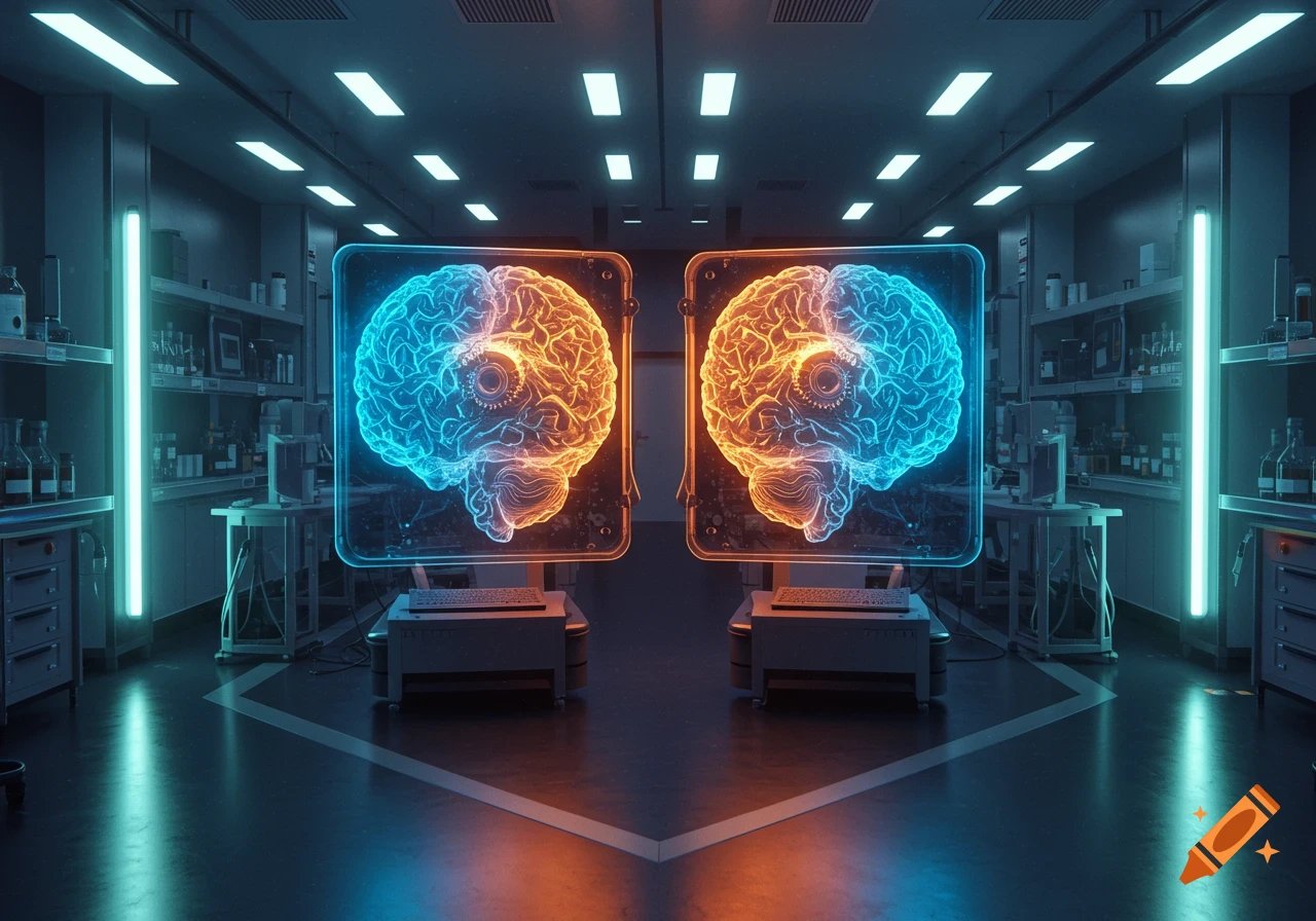 Two glowing digital brains, one blue and one orange, displayed on screens in a futuristic pharmaceutical laboratory.