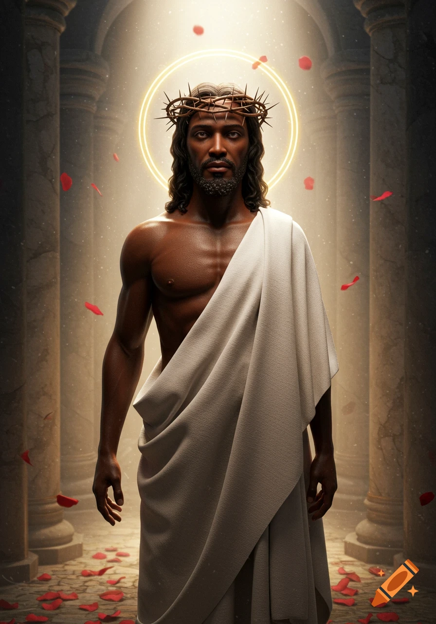 Hyperrealistic 3D depiction of Black Jesus wearing a white robe and thorn crown in an ancient hall with light and rose petals.