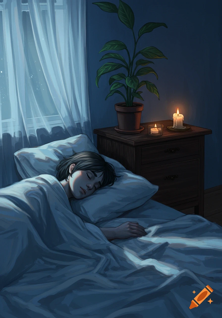 A person sleeping peacefully in a dimly lit bedroom with candles and a plant on the bedside table.