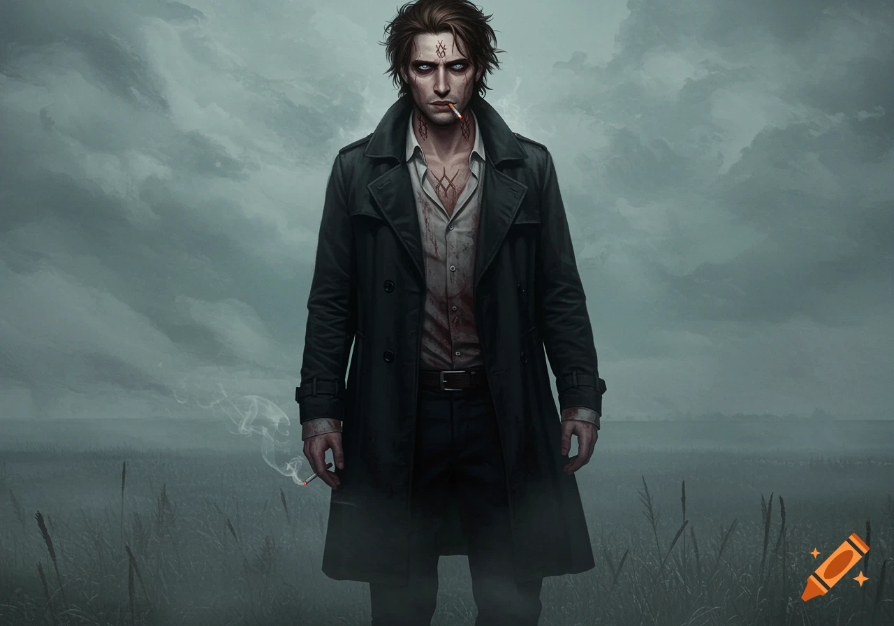 A dark fantasy illustration of a man with symbols on his face and a blood-stained shirt, wearing a trench coat and smoking.