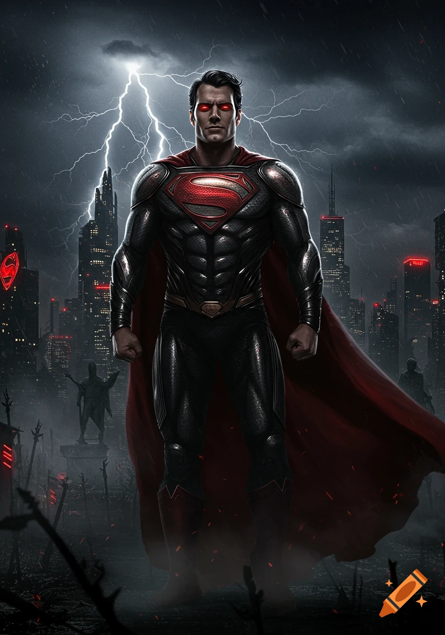 A powerful, dark Superman with glowing red eyes stands against a stormy cityscape with lightning.