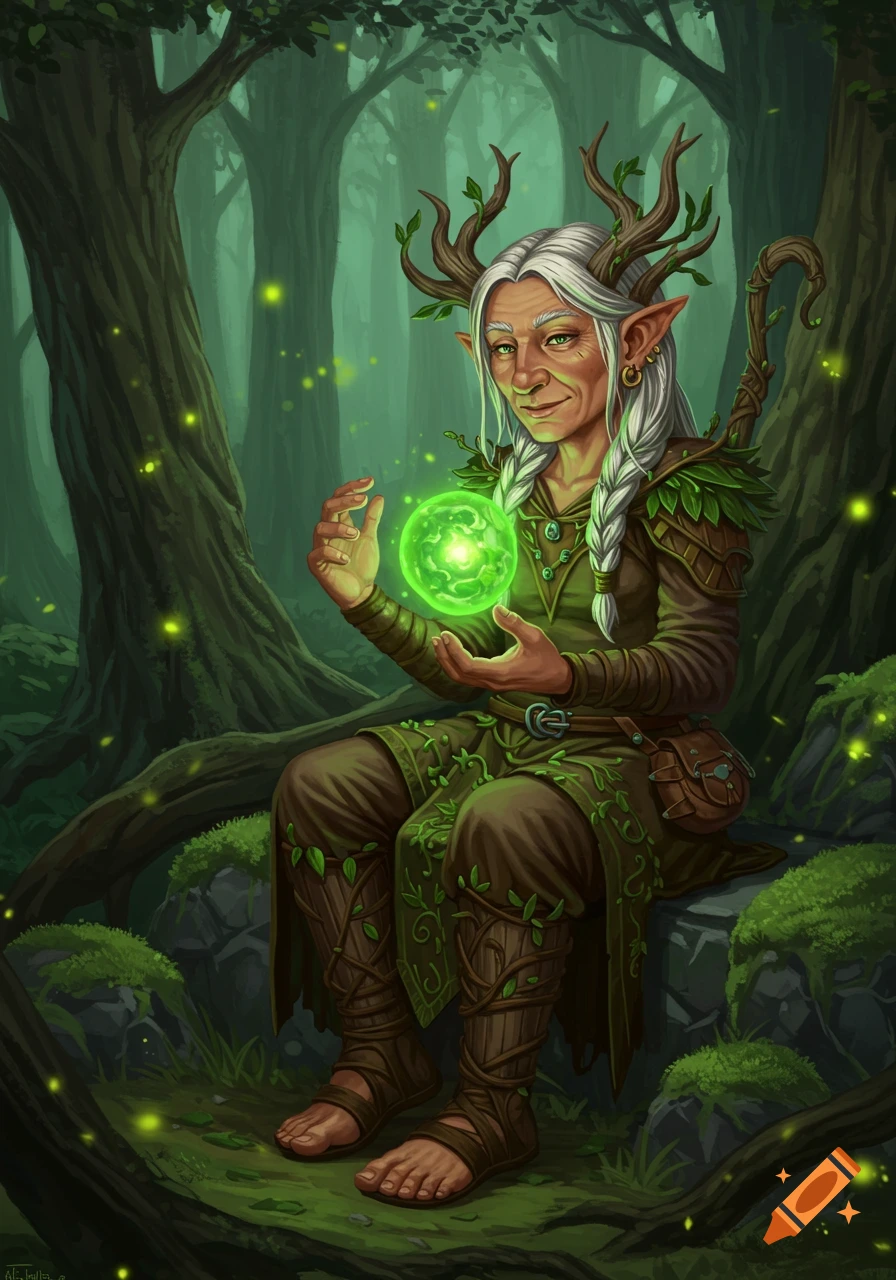 A digital painting of an old gnome druid woman with antlers and white braids, sitting in a forest and holding a glowing green orb.