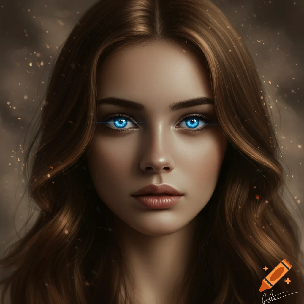 Photorealistic close-up portrait of a woman with long brown hair and striking glowing blue eyes.