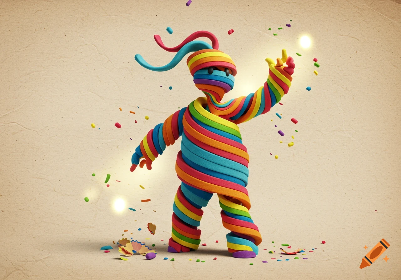 A colorful striped character made of clay-like coils, raising an arm amidst falling confetti and pencil shavings.
