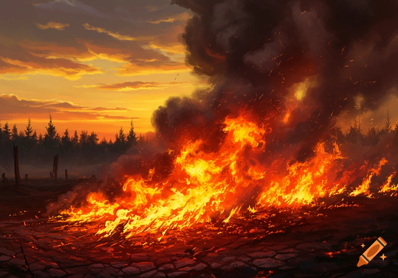 A raging wildfire burns across cracked ground with heavy smoke and embers, beneath a dramatic orange sunset sky and a dark forest.