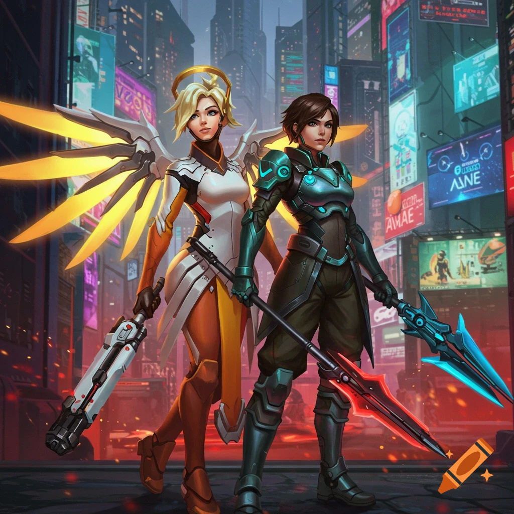 Two stylized female characters, one with golden wings and a halo, the other in teal armor, stand in a neon-lit futuristic city.