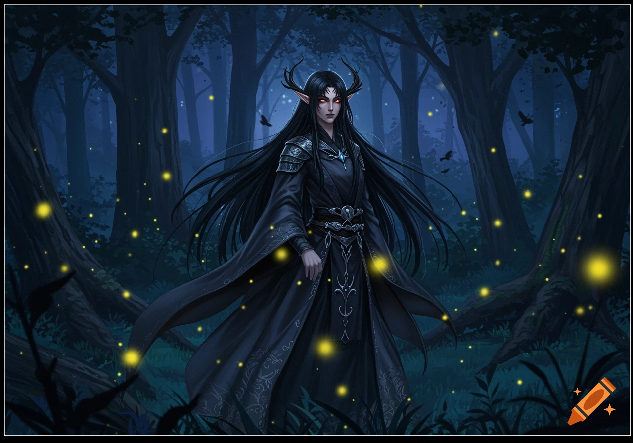 An anime-style dark goddess with horns, long black hair, and glowing red eyes stands in a dark forest with fireflies.