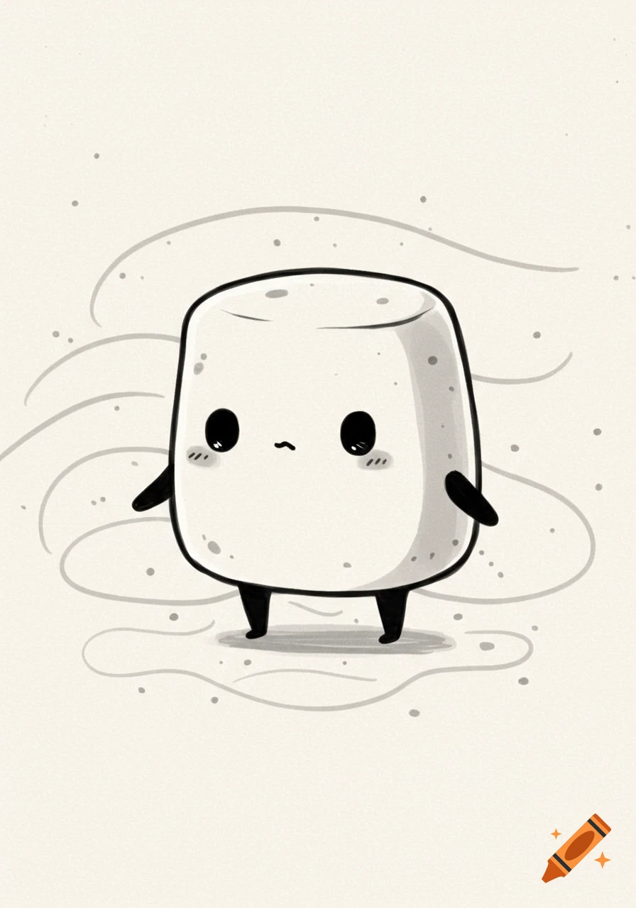 A cute black and white cartoon marshmallow character with big eyes and small limbs, standing on a light background with subtle lines and speckles.