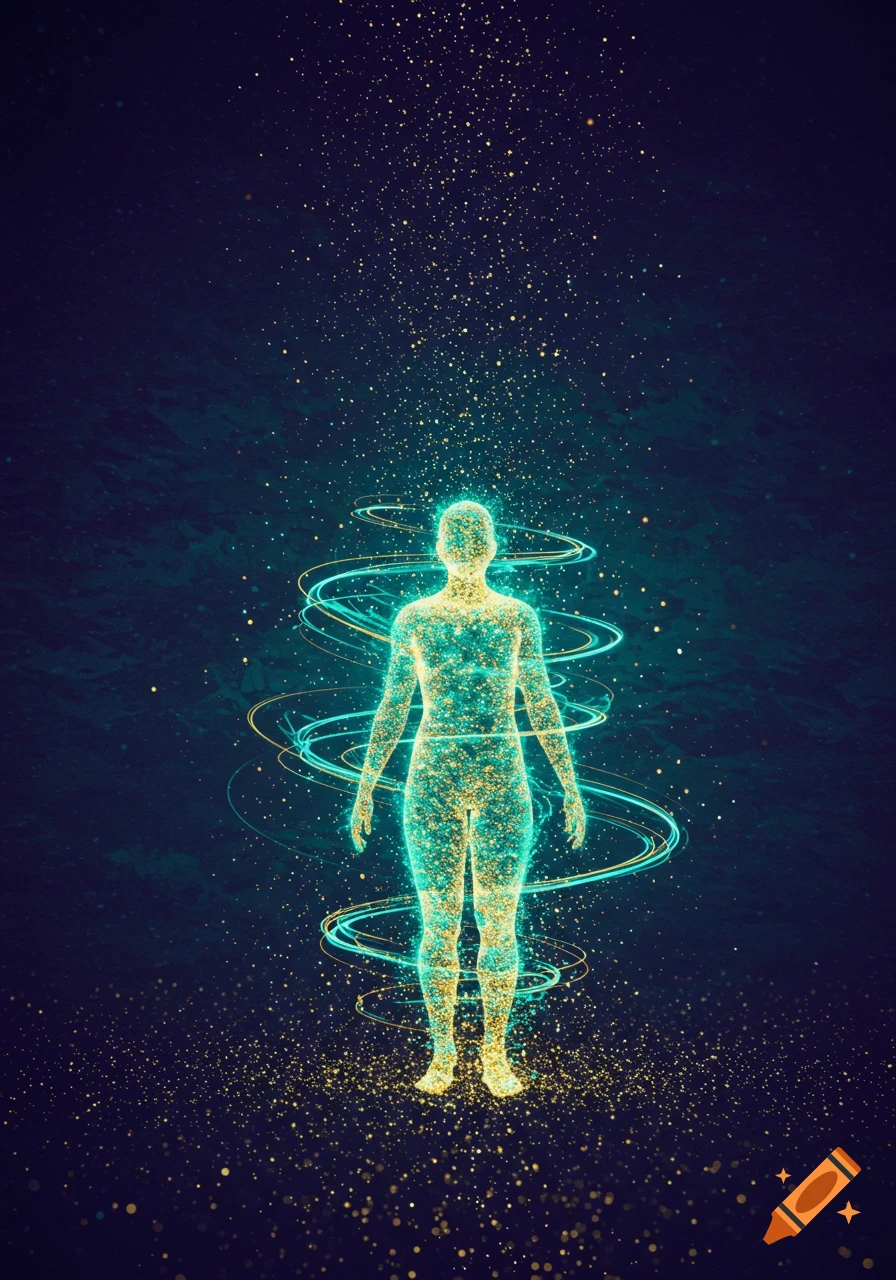 A glowing, particle-like human silhouette surrounded by swirling light lines on a dark, particle-filled background.