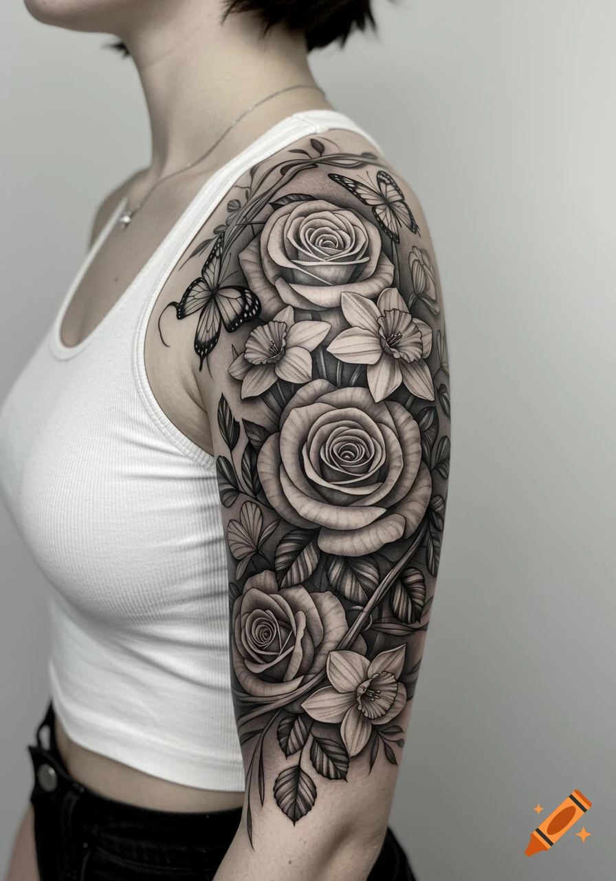 Close-up of a black and white floral tattoo with roses, daffodils, and butterflies on a woman's arm.