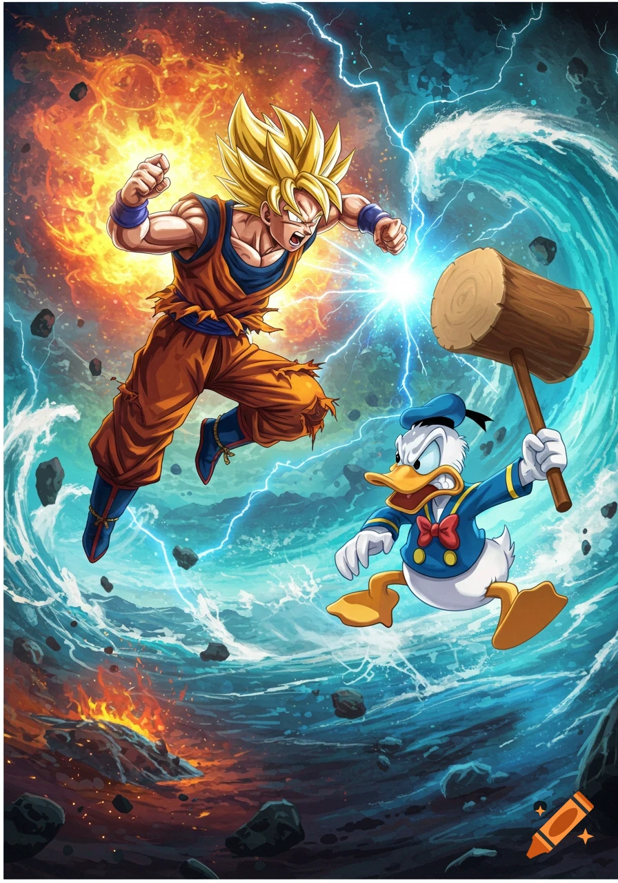 Goku in Super Saiyan form fights Donald Duck with a mallet amidst a fiery, stormy background.