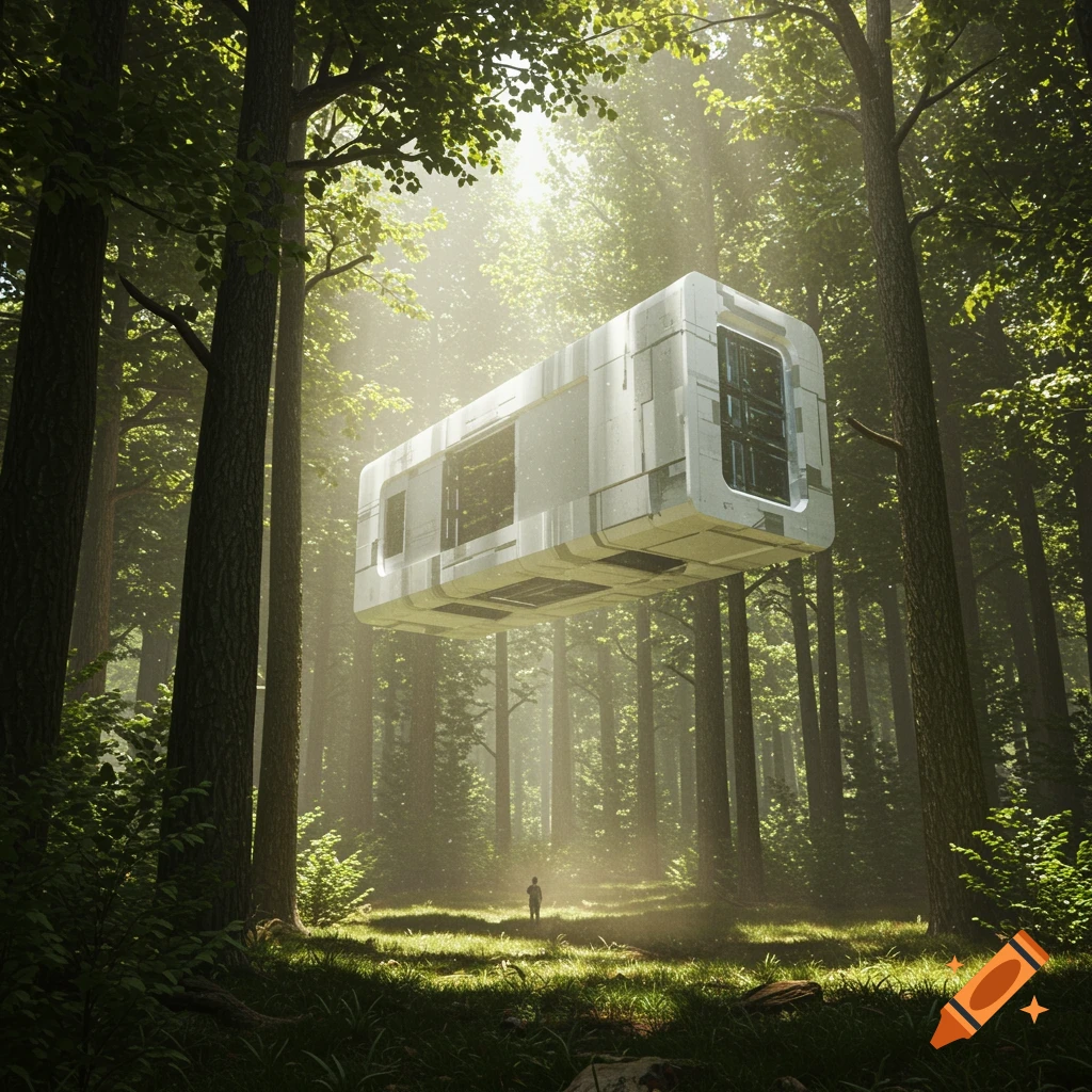 A large, white, rectangular futuristic structure floats above a sunlit forest path, with a small person looking at it.