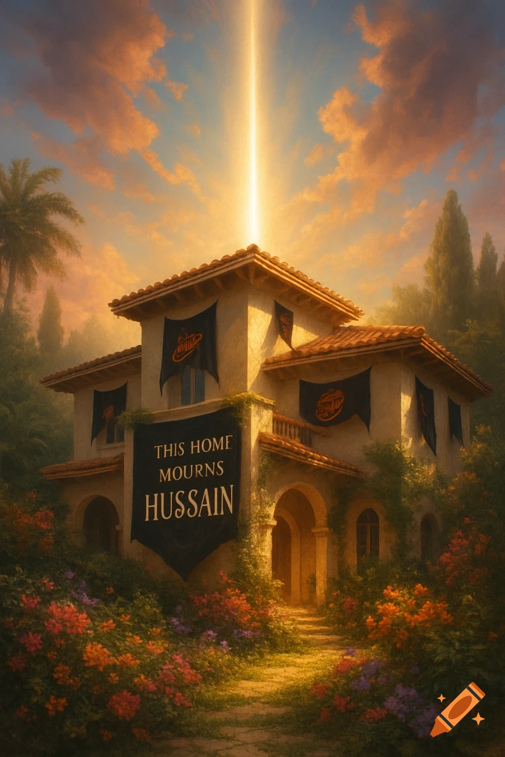 A house with a bright light beam shooting from its roof into a cloudy sky, decorated with black flags that read "THIS HOME MOURNS HUSSAIN", surrounded by lush gardens and flowers.