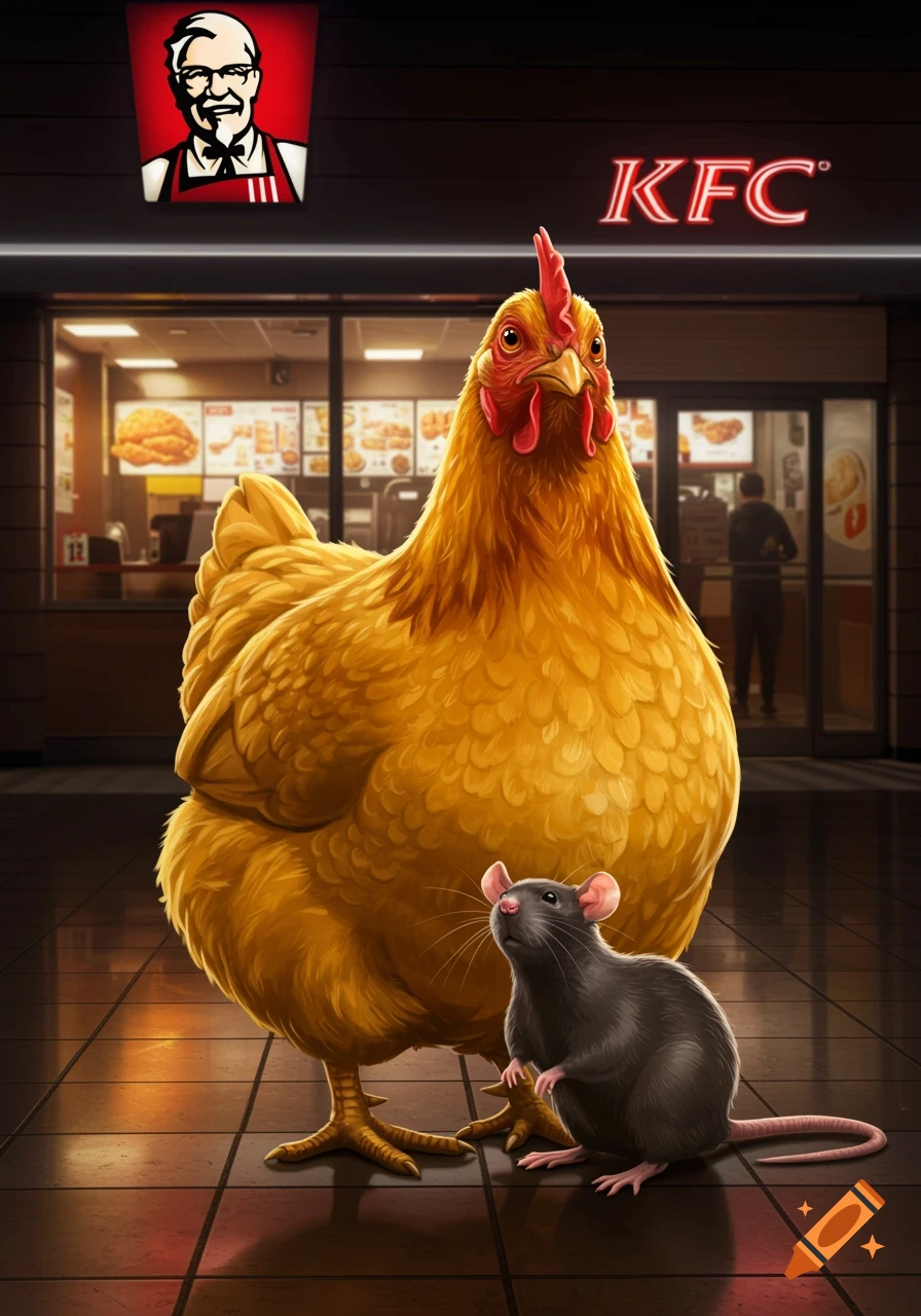 A large golden chicken stands next to a small gray rat in front of a KFC restaurant, with the brand logo visible.