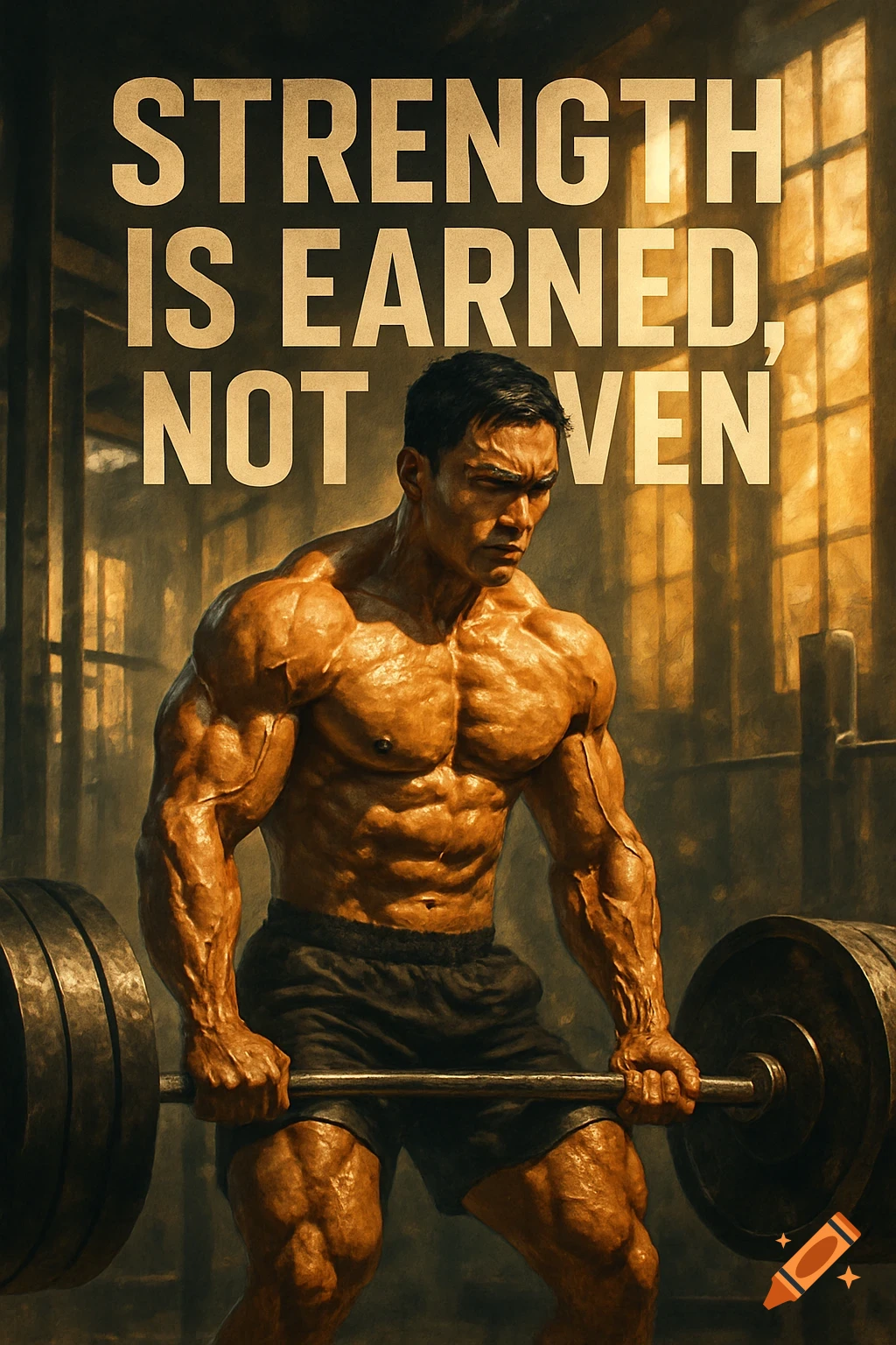 A muscular Asian man lifts weights in a gym with the text 'STRENGTH IS EARNED, NOT GIVEN' above him, in a digital painting style.