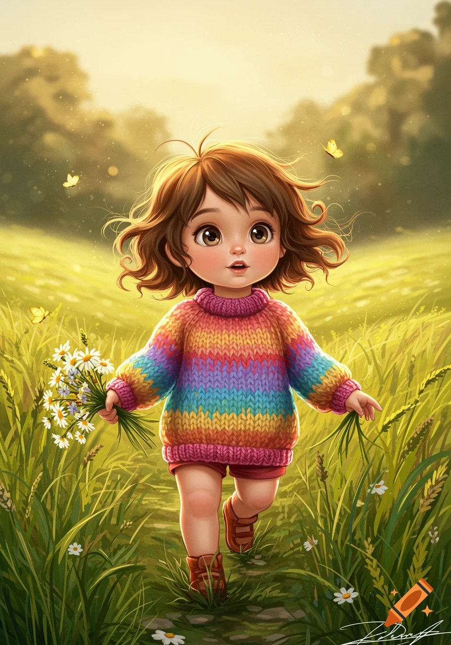 A cute little girl with big eyes and brown curly hair, wearing a rainbow sweater, walks through a sunlit grassy field with daisies and butterflies.