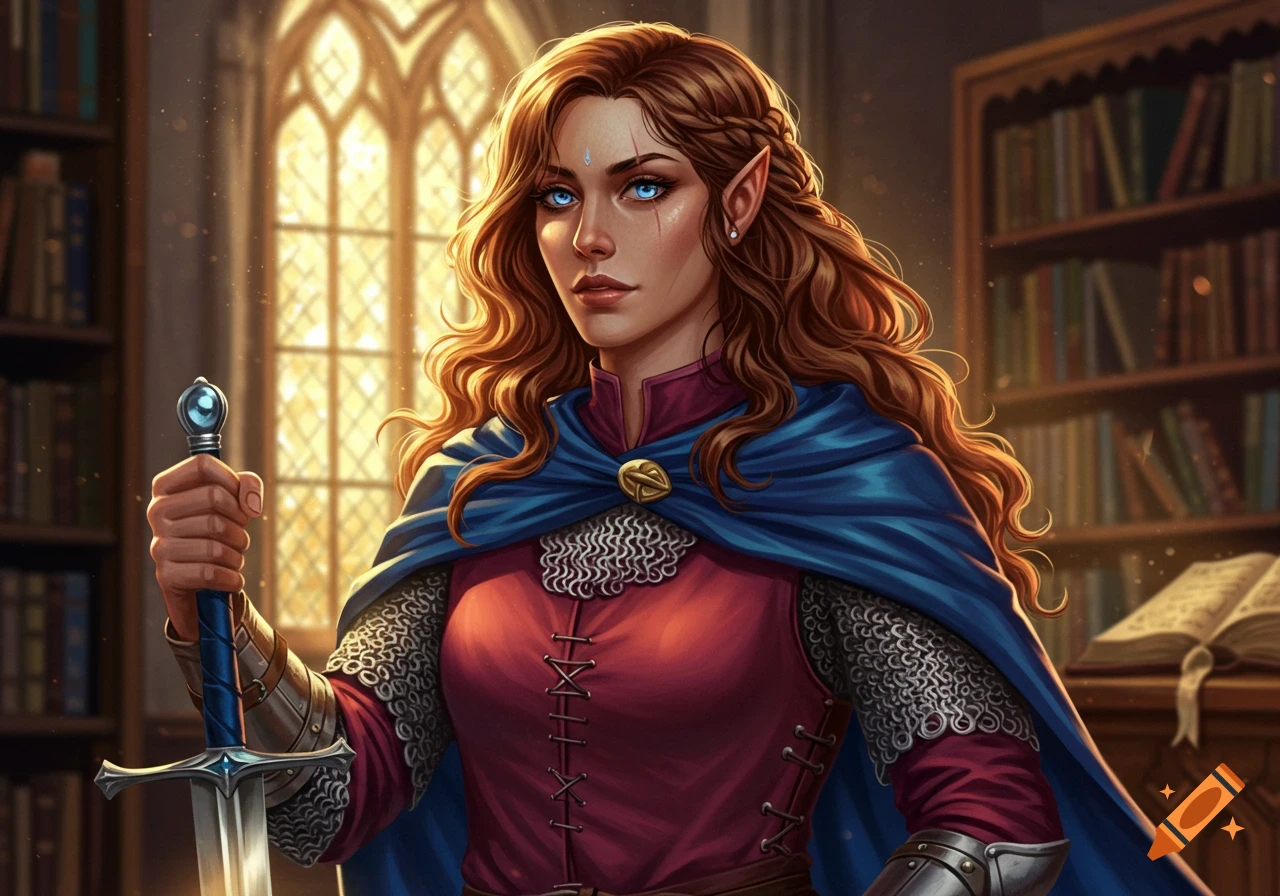 A detailed digital painting of an Aasimar Paladin Sage with long wavy chestnut hair and blue eyes, wearing chainmail, a red tunic, and a blue cloak, holding a sword. Sunlight streams through a monastery window, illuminating books in the background.