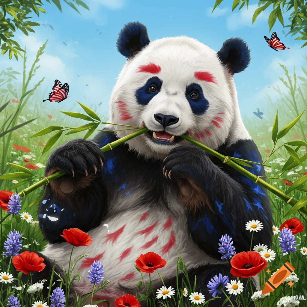 A panda with red and blue markings on its fur eats bamboo in a field of red, purple, and white flowers, with two butterflies featuring red, white, and blue wings.