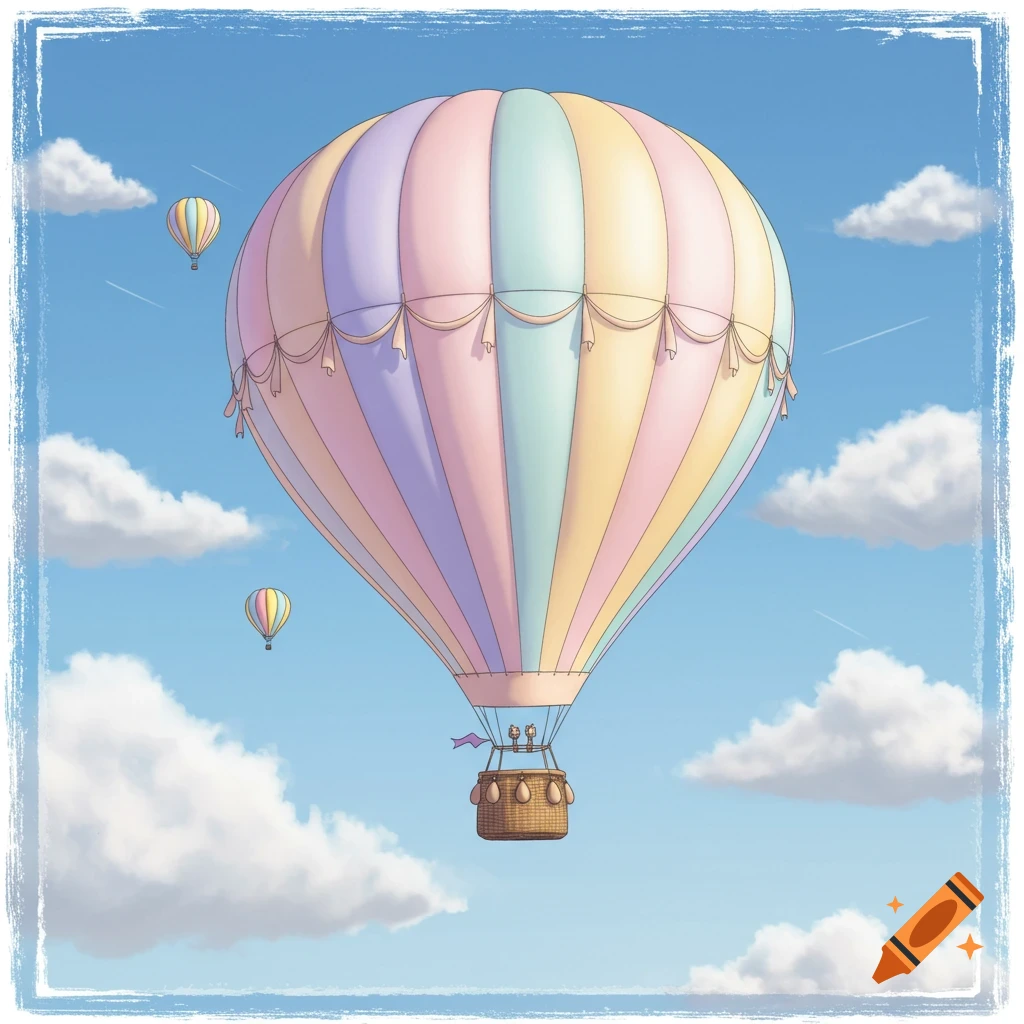 A pastel-colored hot air balloon with decorative drapes flies in a blue sky with white clouds. Two smaller balloons float in the distance. The image has a textured blue border.