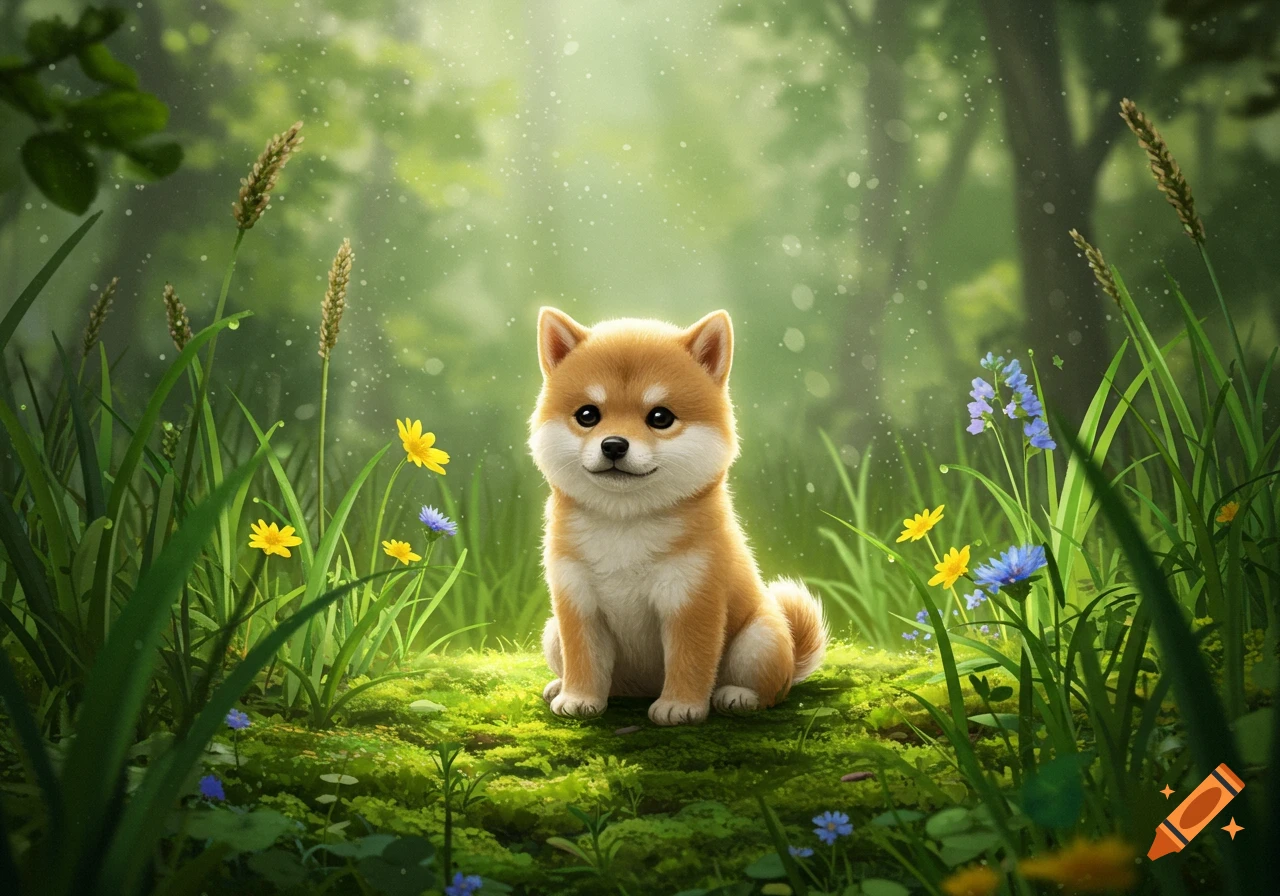 A cute, fluffy shiba puppy sits in a vibrant green forest with small flowers and glowing light.