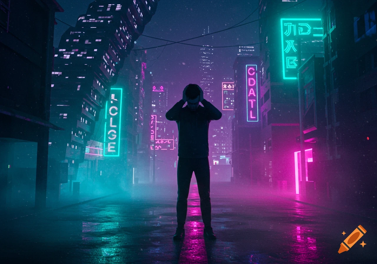 A man stands in the middle of a futuristic, neon-lit city street at night, holding his head.