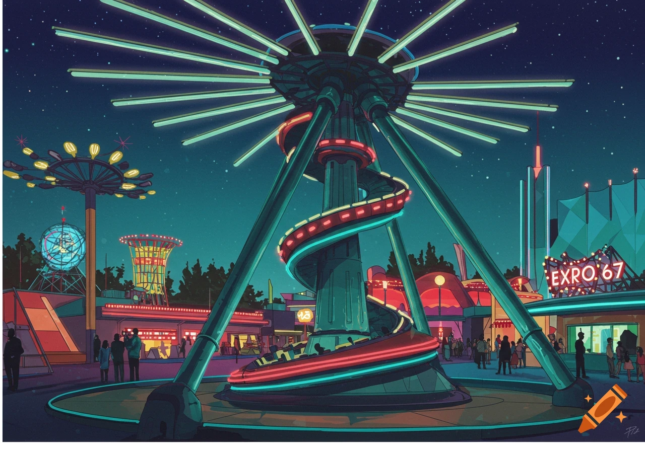 An evening illustration of a retro-futuristic amusement park with a large, central spiral ride lit by neon lights, under a starry sky.