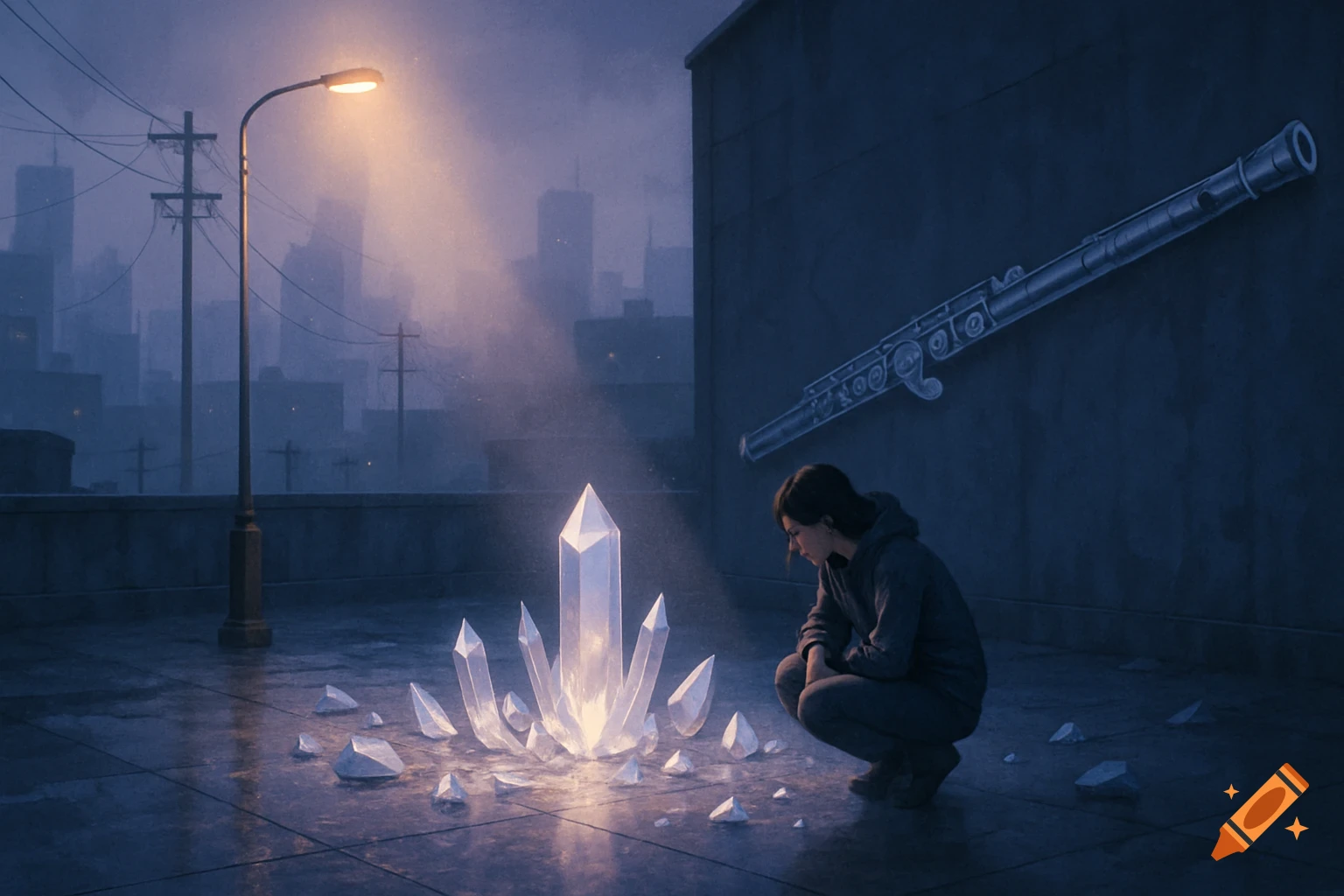 A person squats on a rainy city rooftop, looking at a cluster of glowing crystals under a streetlamp with a cityscape background.