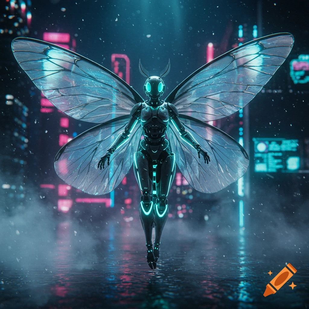 A sleek, glowing robot with large, translucent butterfly wings stands in a neon-lit cyberpunk city.