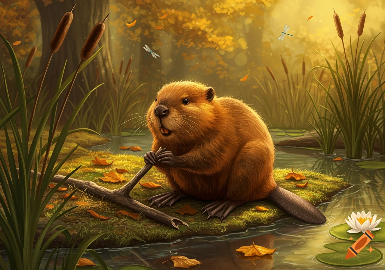 An illustration of a cute beaver holding a stick on a mossy log in a pond with cattails and autumn leaves.